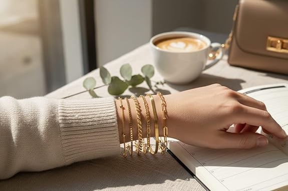 set de 6 pulseras golden luxe BAÑO de oro de 14k ajustable.