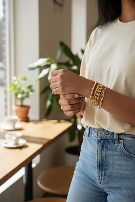 set de 6 pulseras golden luxe BAÑO de oro de 14k ajustable.