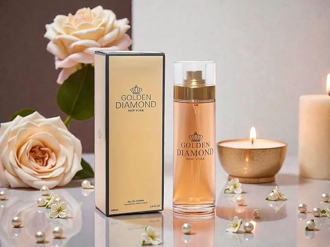 Golden Diamond New York Eau De Toilette en espray para mujer, fragancia fresca floral, uso diario, forma líquida, 3.4 onzas líquidas